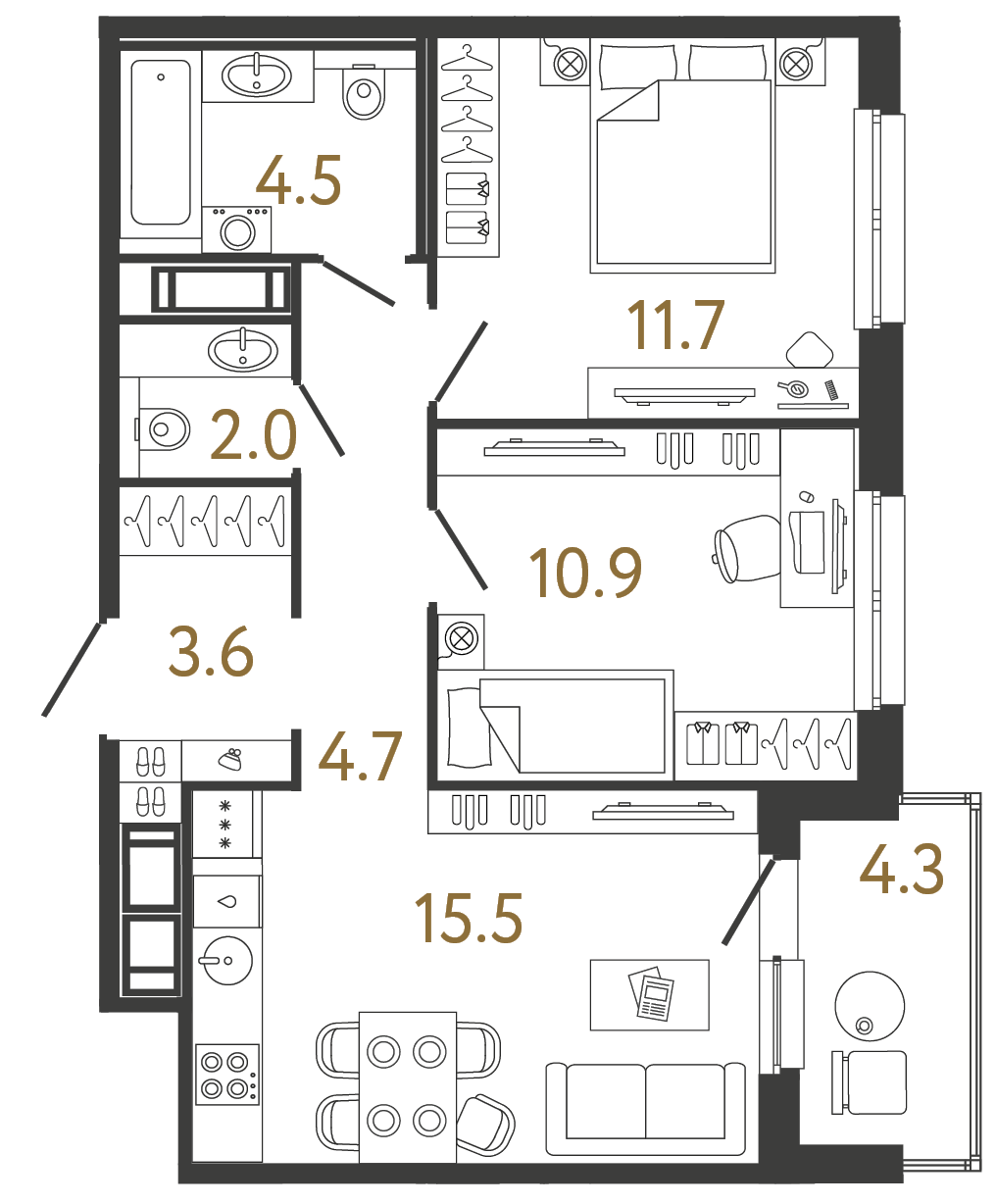 Планировка: 2-комнатная квартира, 52,9 м²