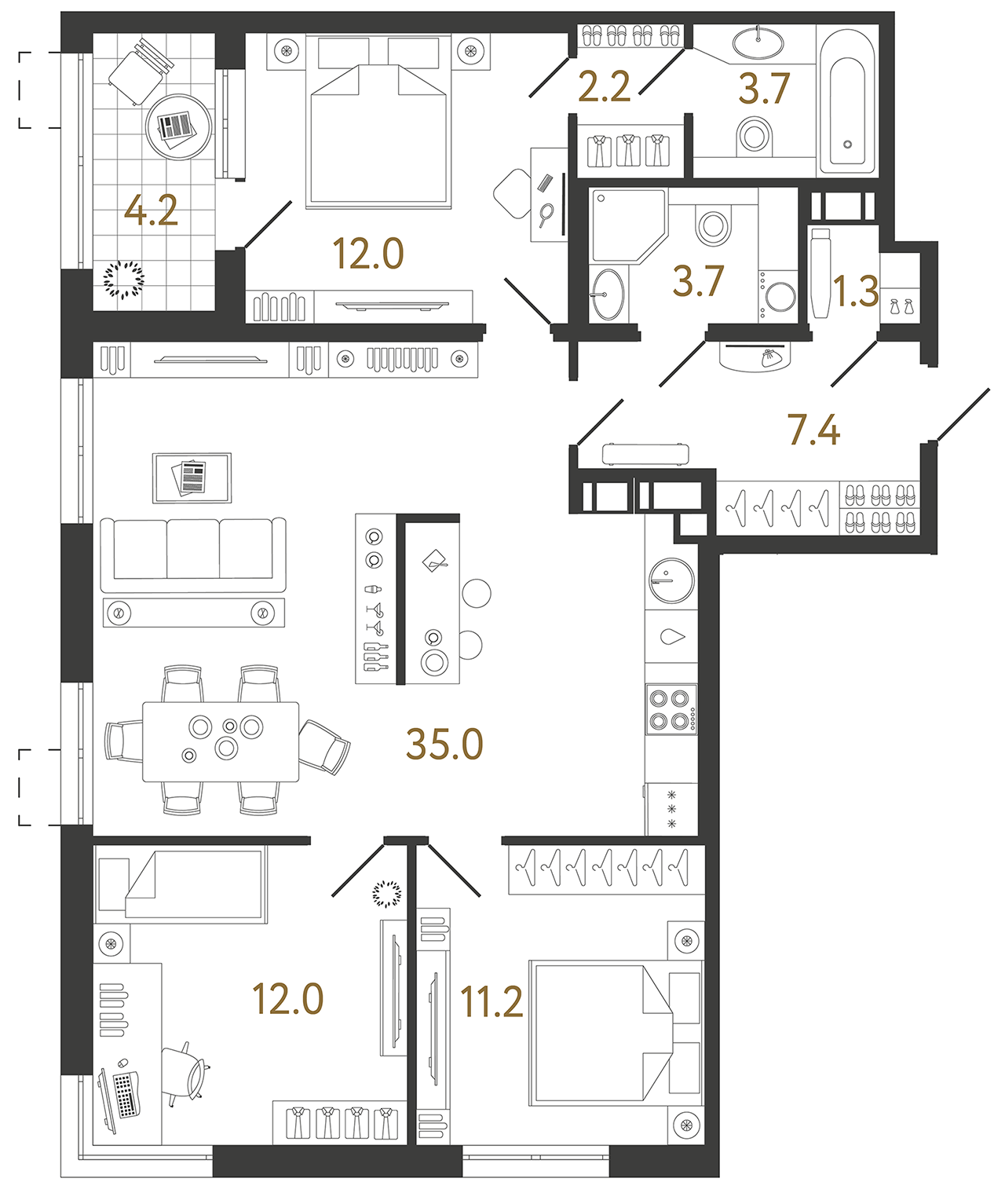 Планировка: 3-комнатная квартира, 88,5 м²