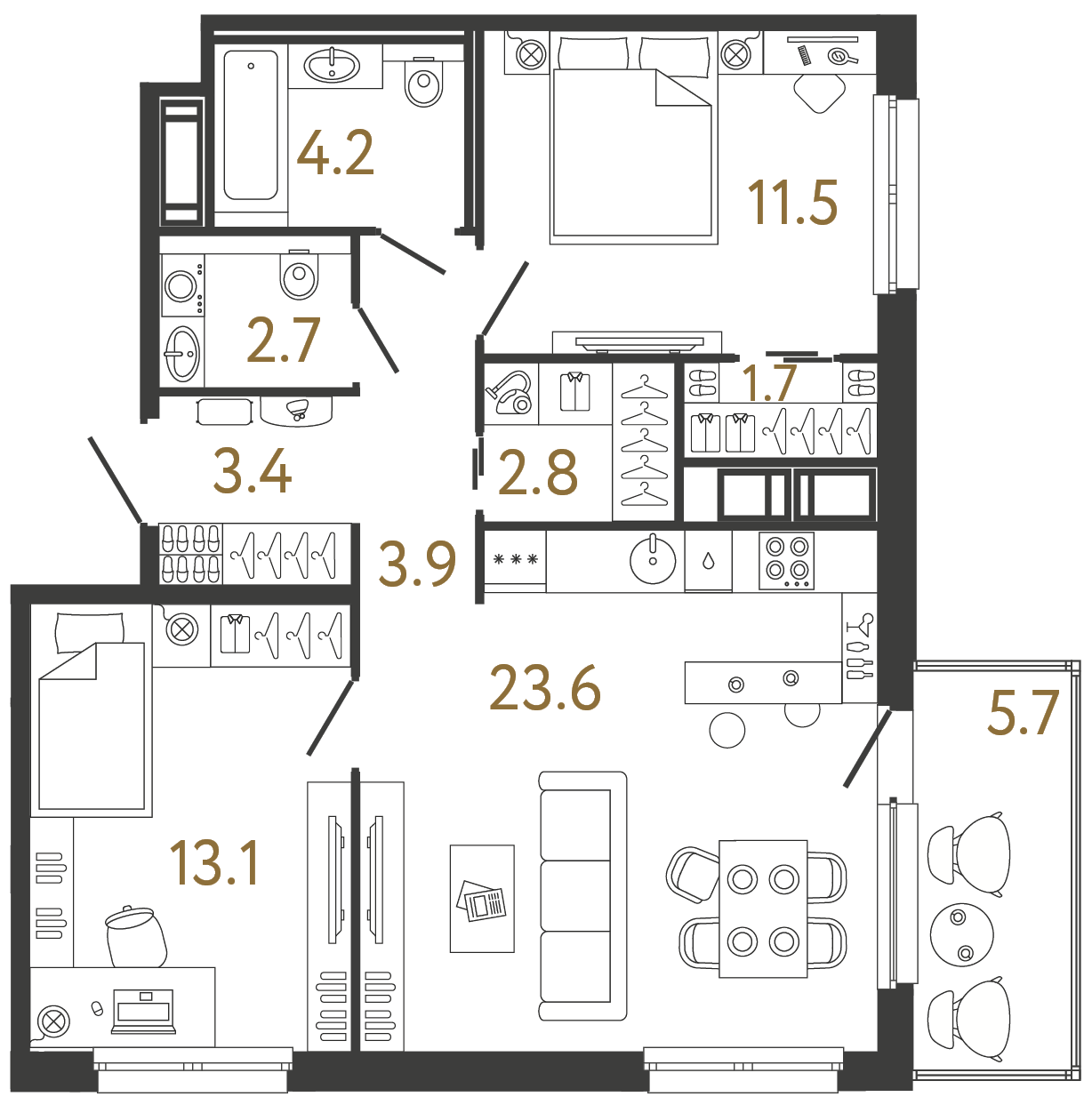 Планировка: 2-комнатная квартира, 66,9 м²