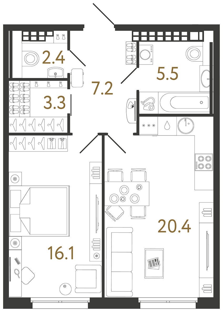 Планировка: 1-комнатная квартира, 54,9 м²