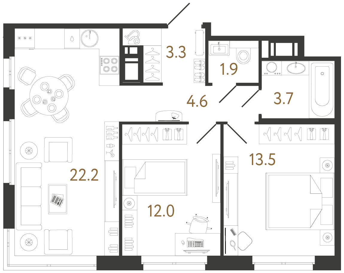 Планировка: 2-комнатная квартира, 61,2 м²