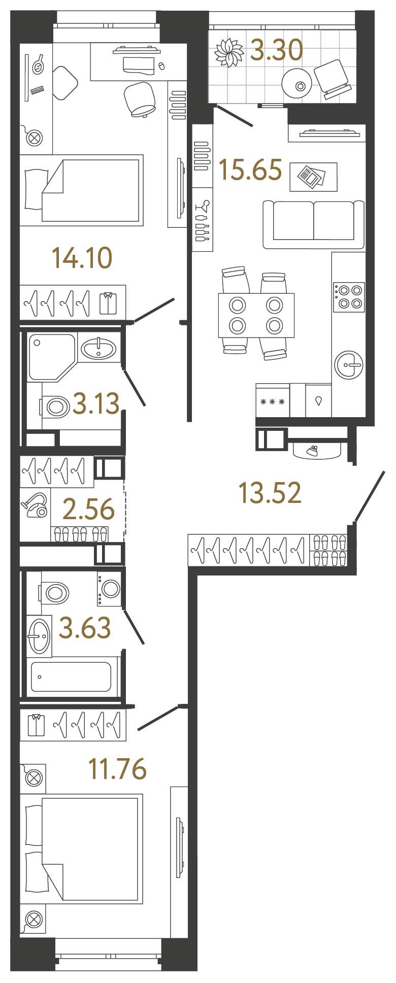 Планировка: 2-комнатная квартира, 64,4 м²