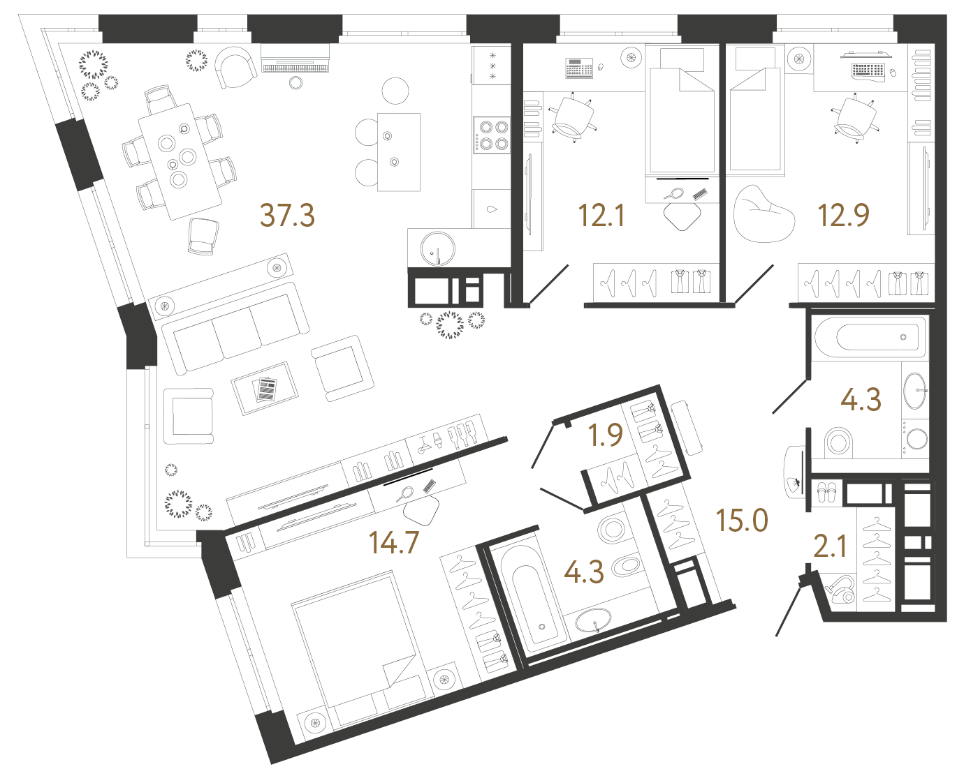 Планировка: 3-комнатная квартира, 104,6 м²