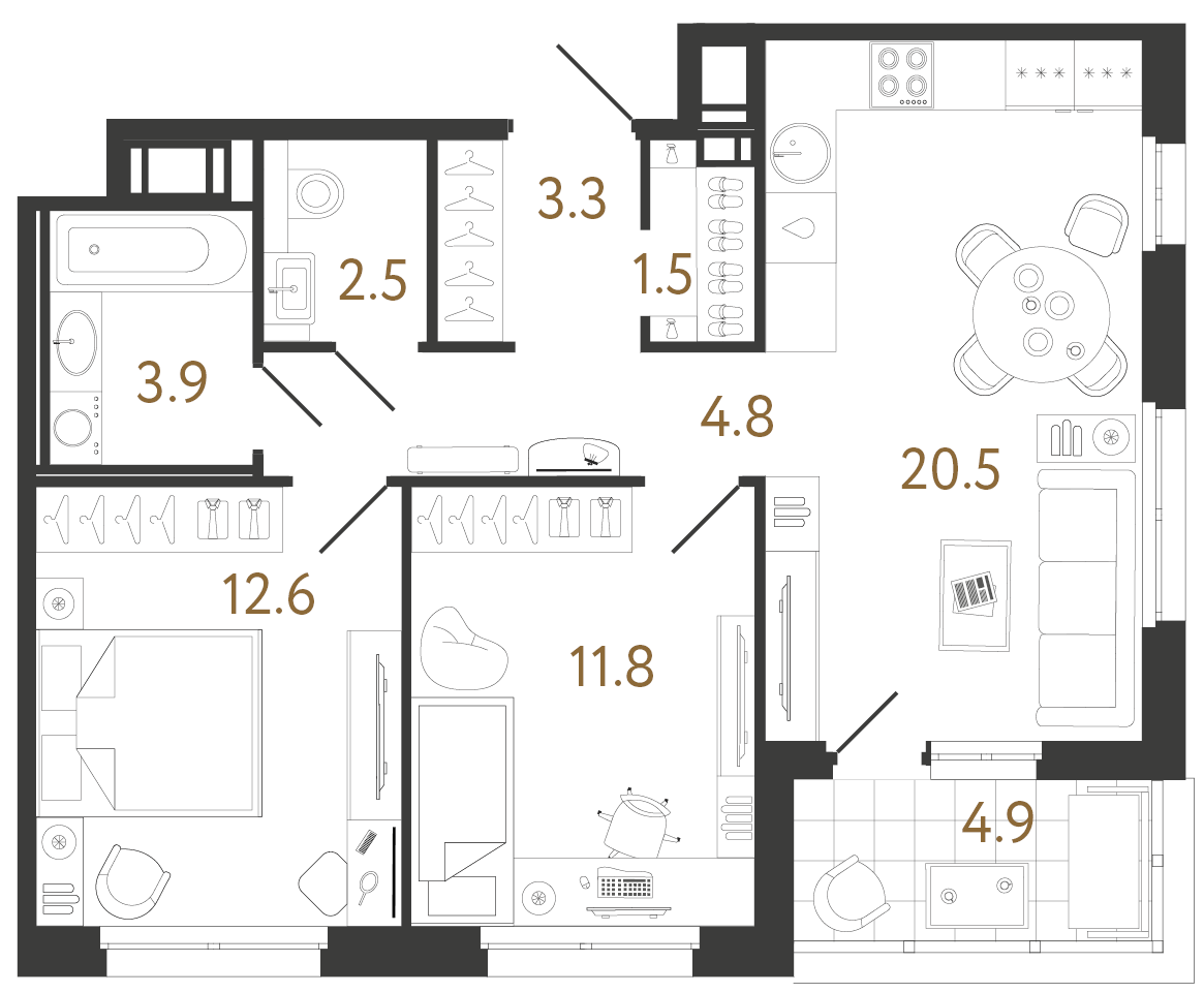 Планировка: 2-комнатная квартира, 60,9 м²