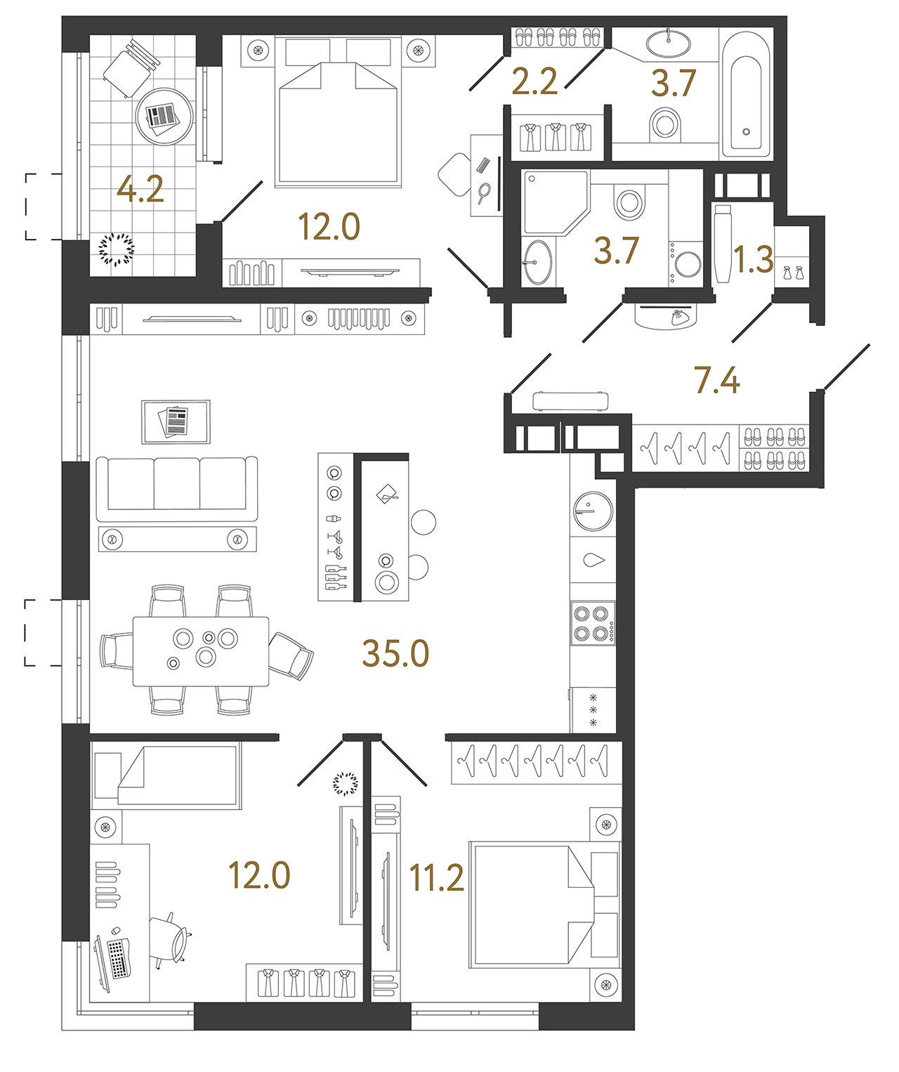 Планировка: 3-комнатная квартира, 88,5 м²