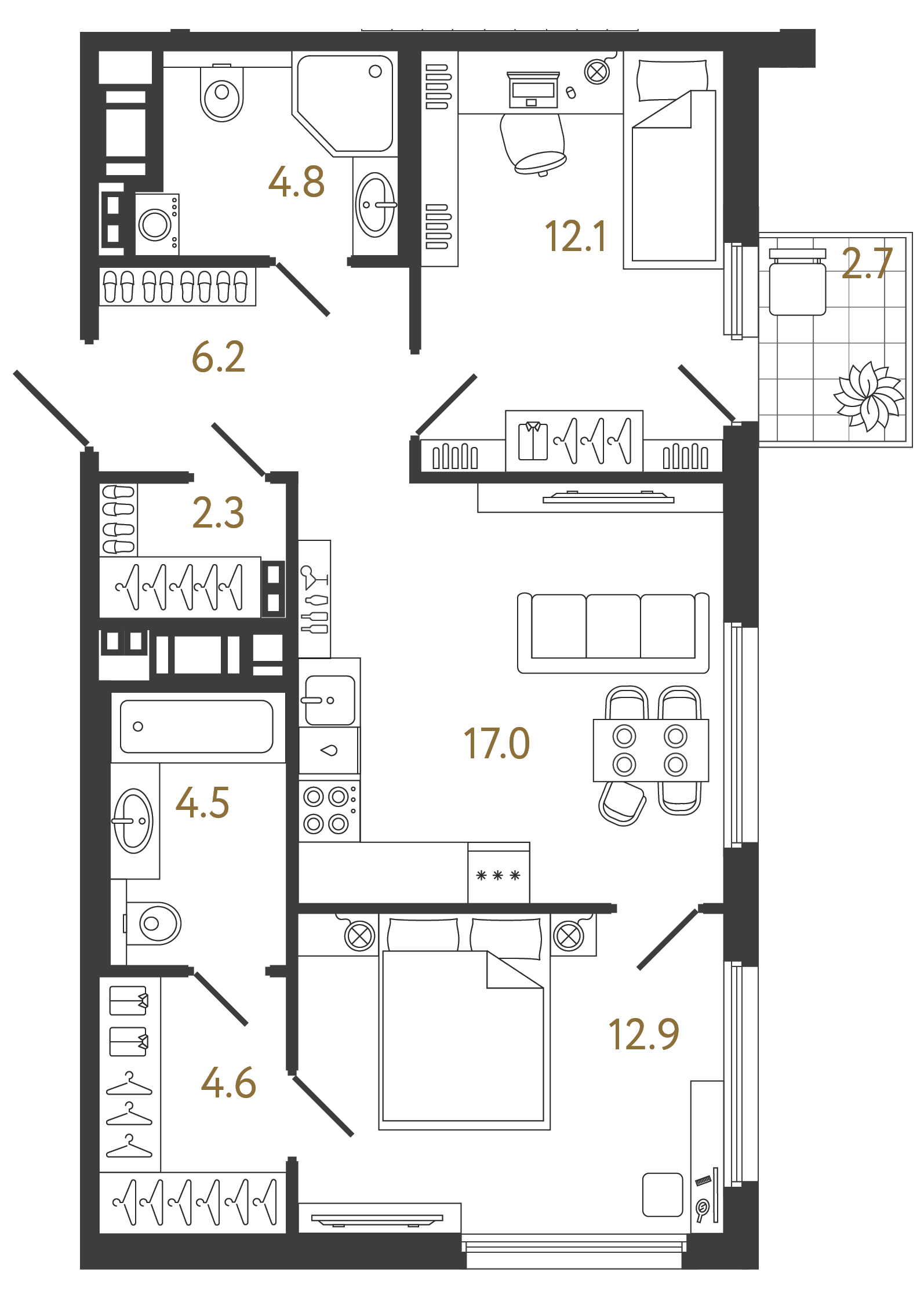 Планировка: 2-комнатная квартира, 64,4 м²
