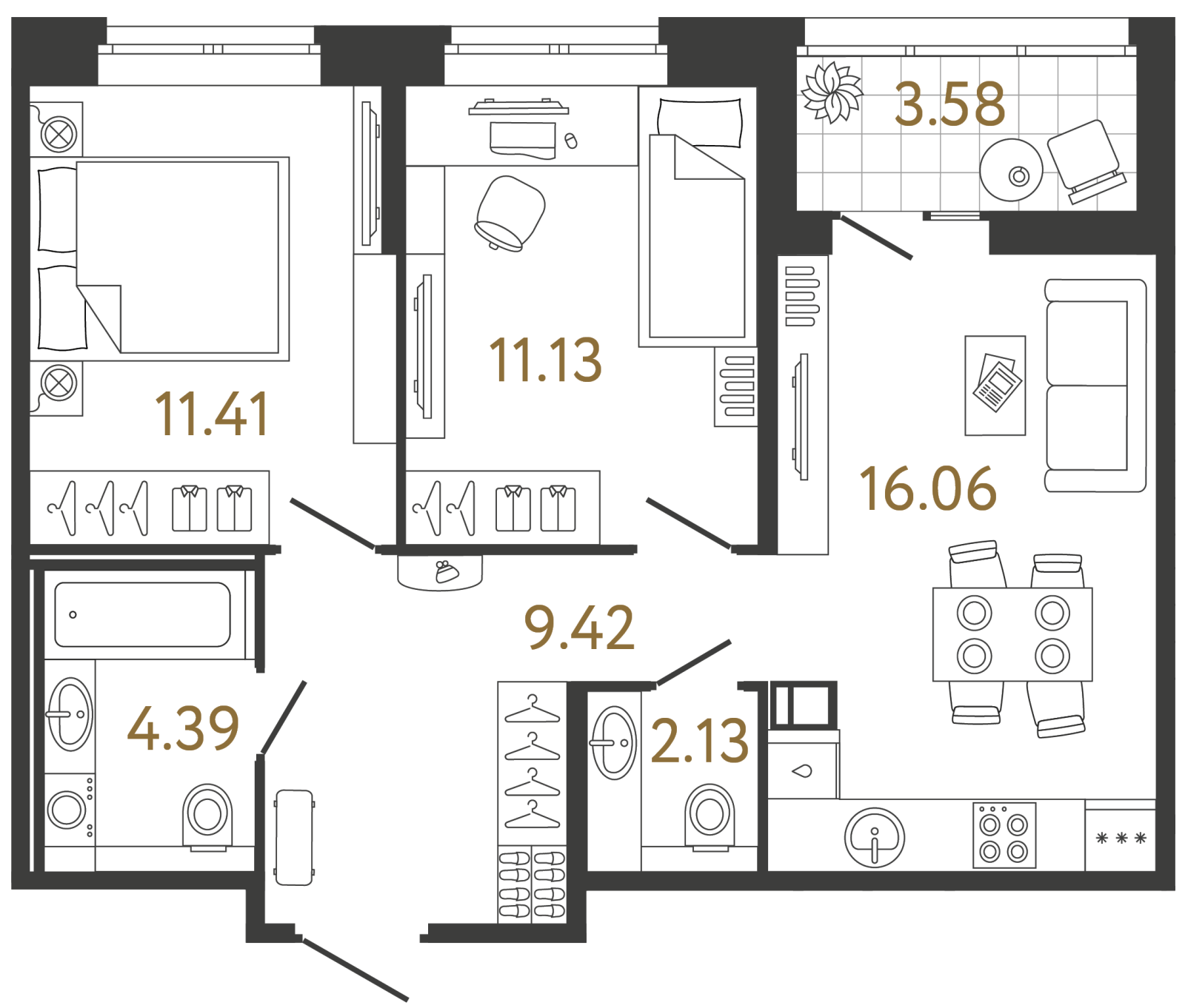 Планировка: 2-комнатная квартира, 54,5 м²