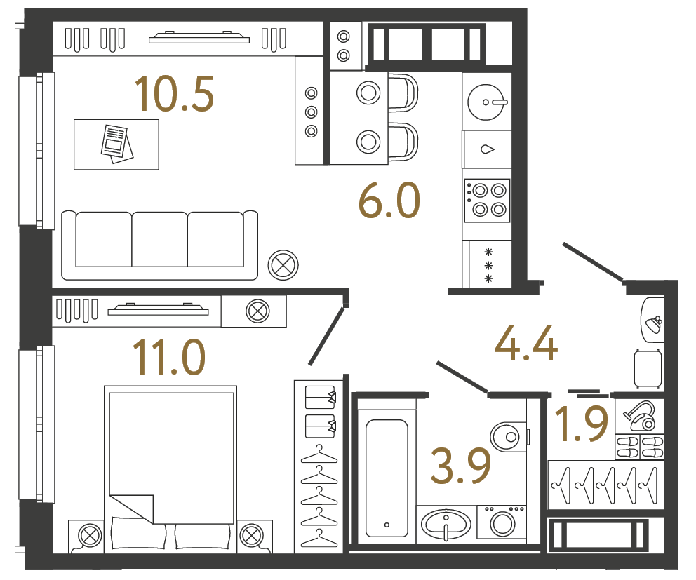 Планировка: 1-комнатная квартира, 37,7 м²