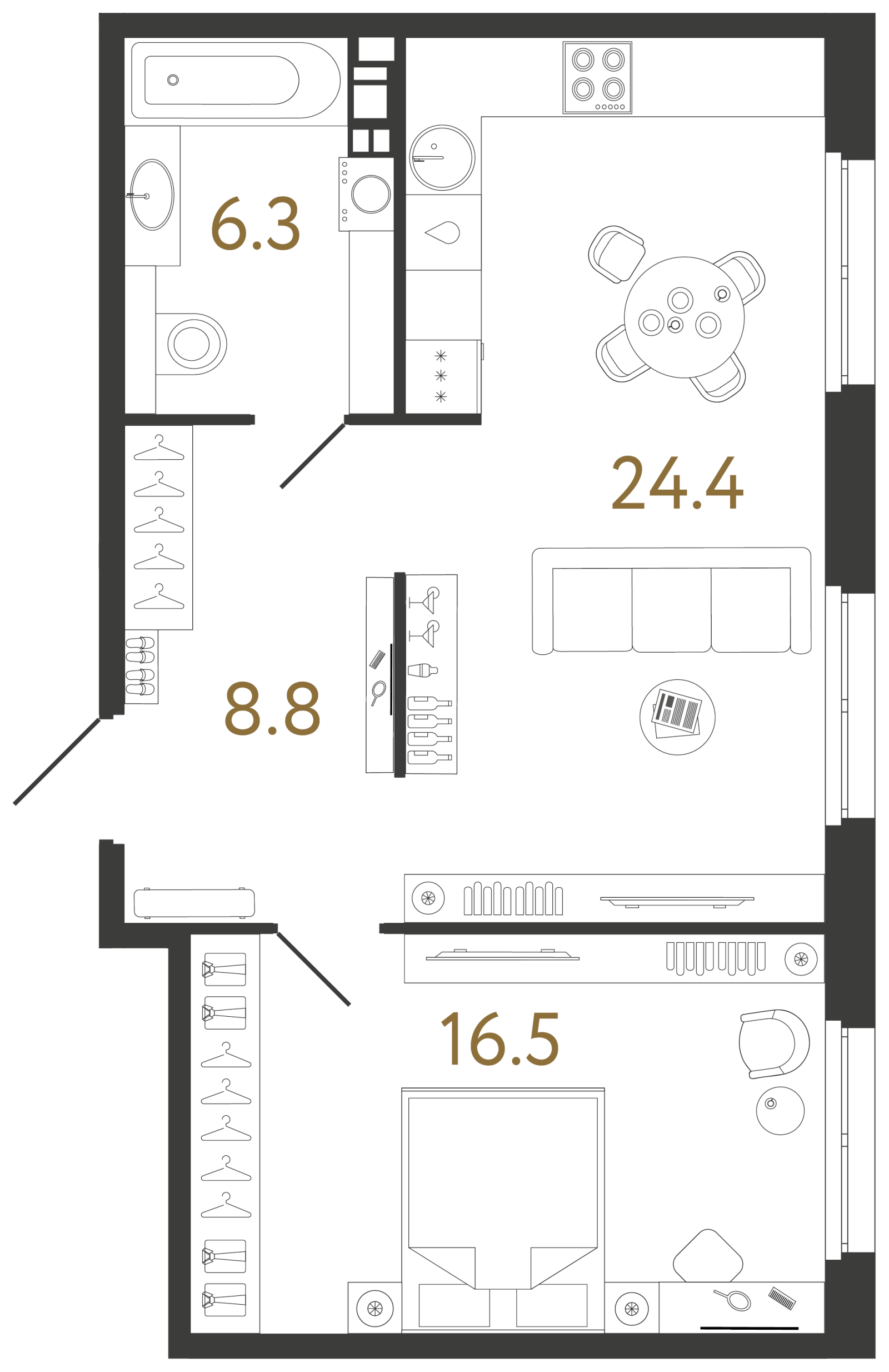 Планировка: 1-комнатная квартира, 56,0 м²