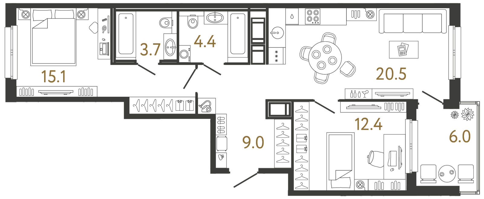 Планировка: 2-комнатная квартира, 65,1 м²