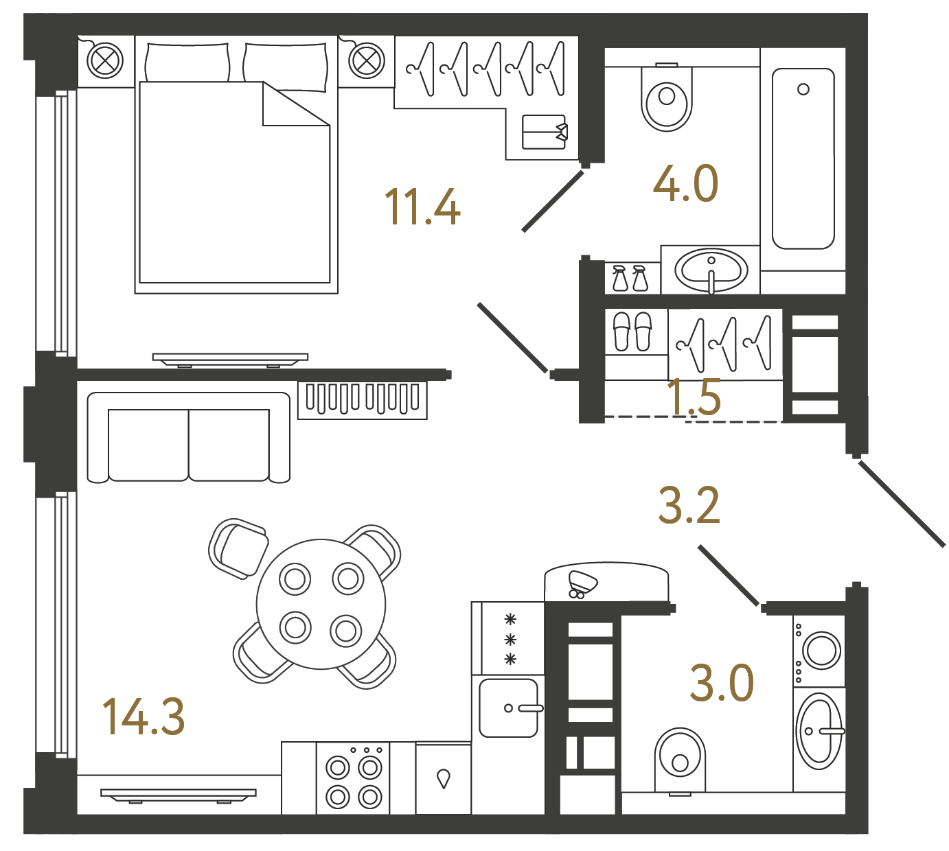 Планировка: 1-комнатная квартира, 37,4 м²