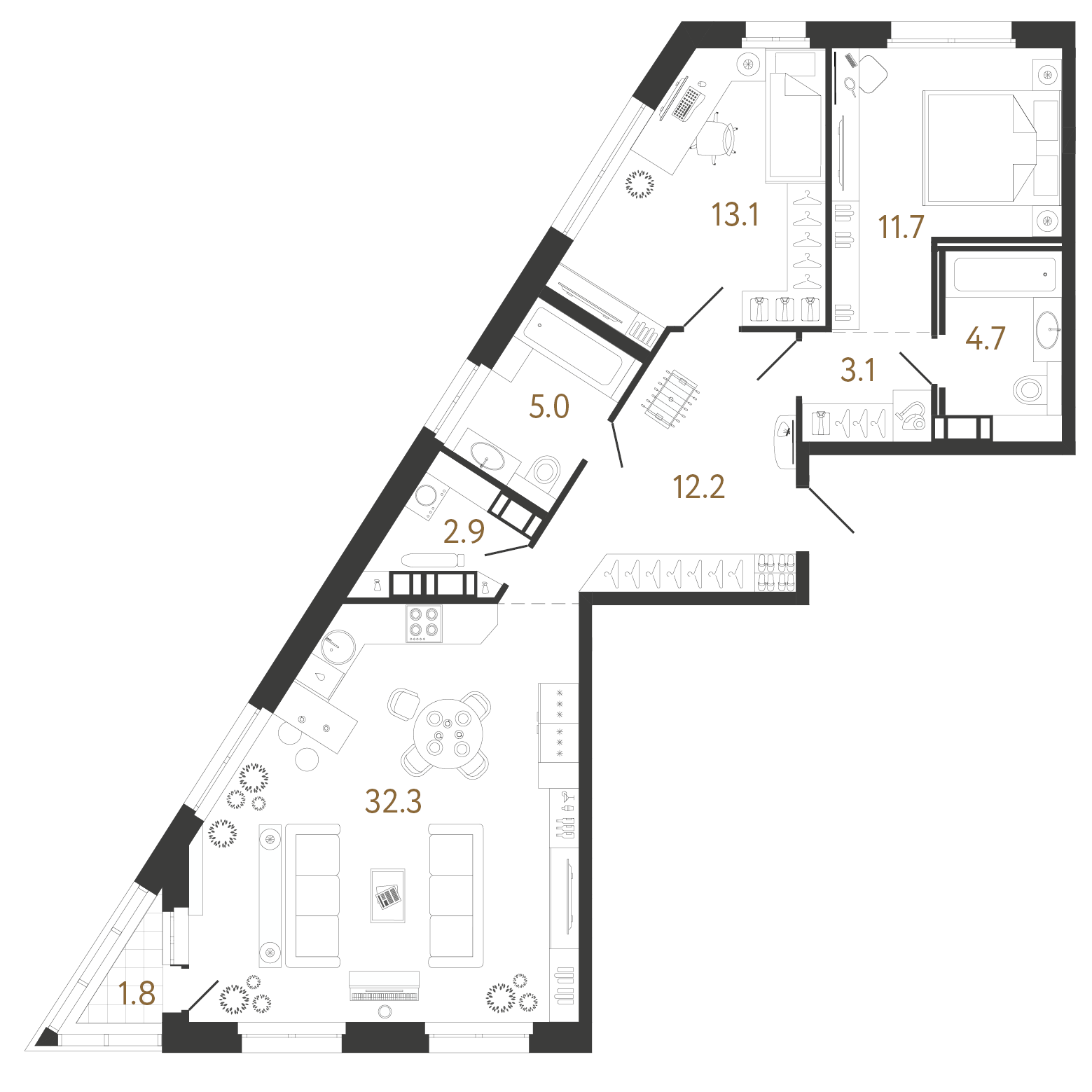 Планировка: 2-комнатная квартира, 85,0 м²
