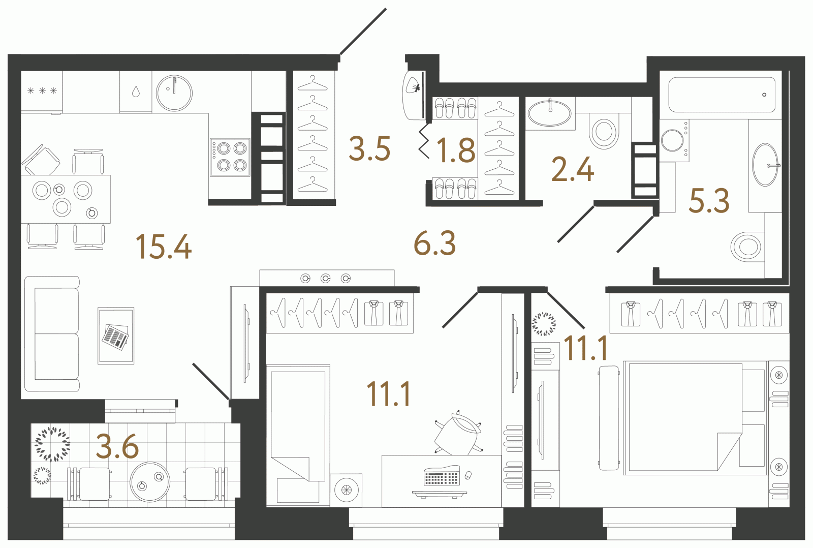Планировка: 2-комнатная квартира, 58,0 м²