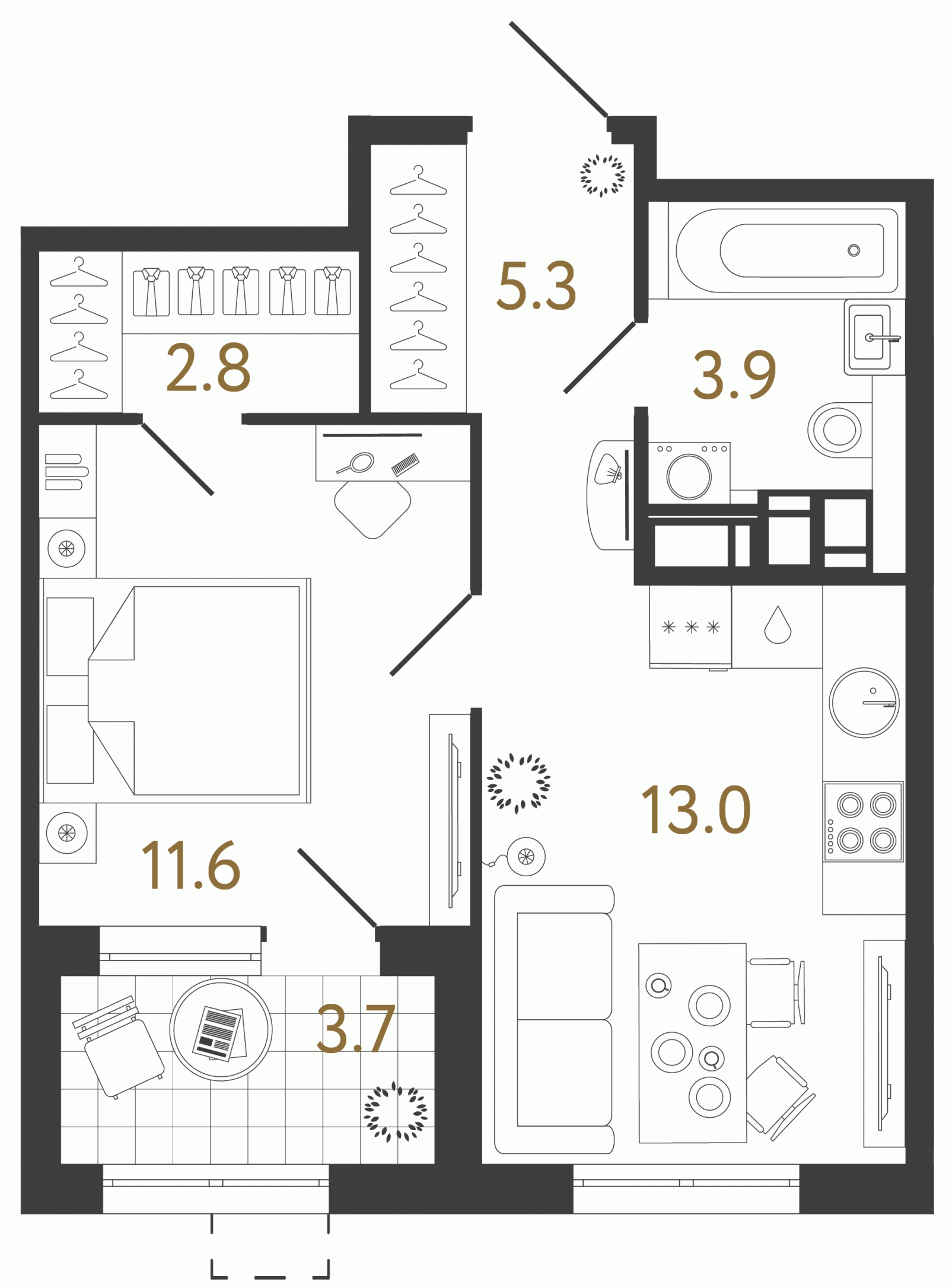 Планировка: 1-комнатная квартира, 36,6 м²