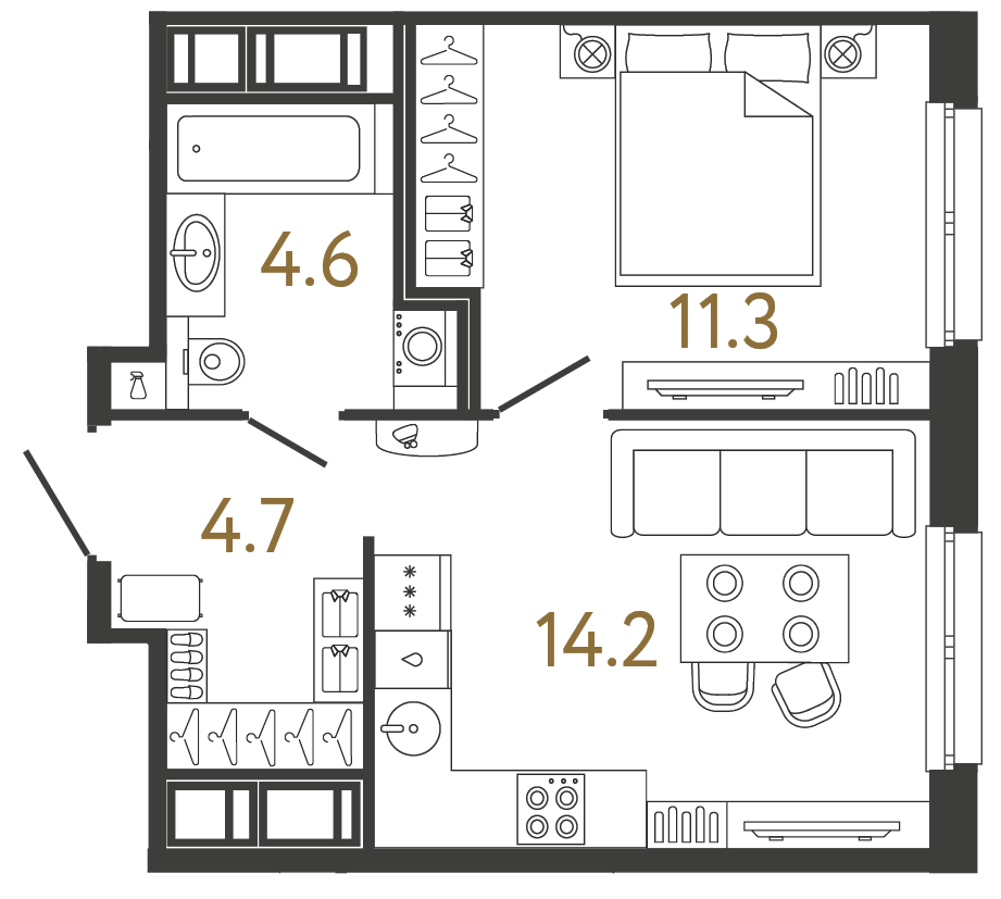 Планировка: 1-комнатная квартира, 34,8 м²