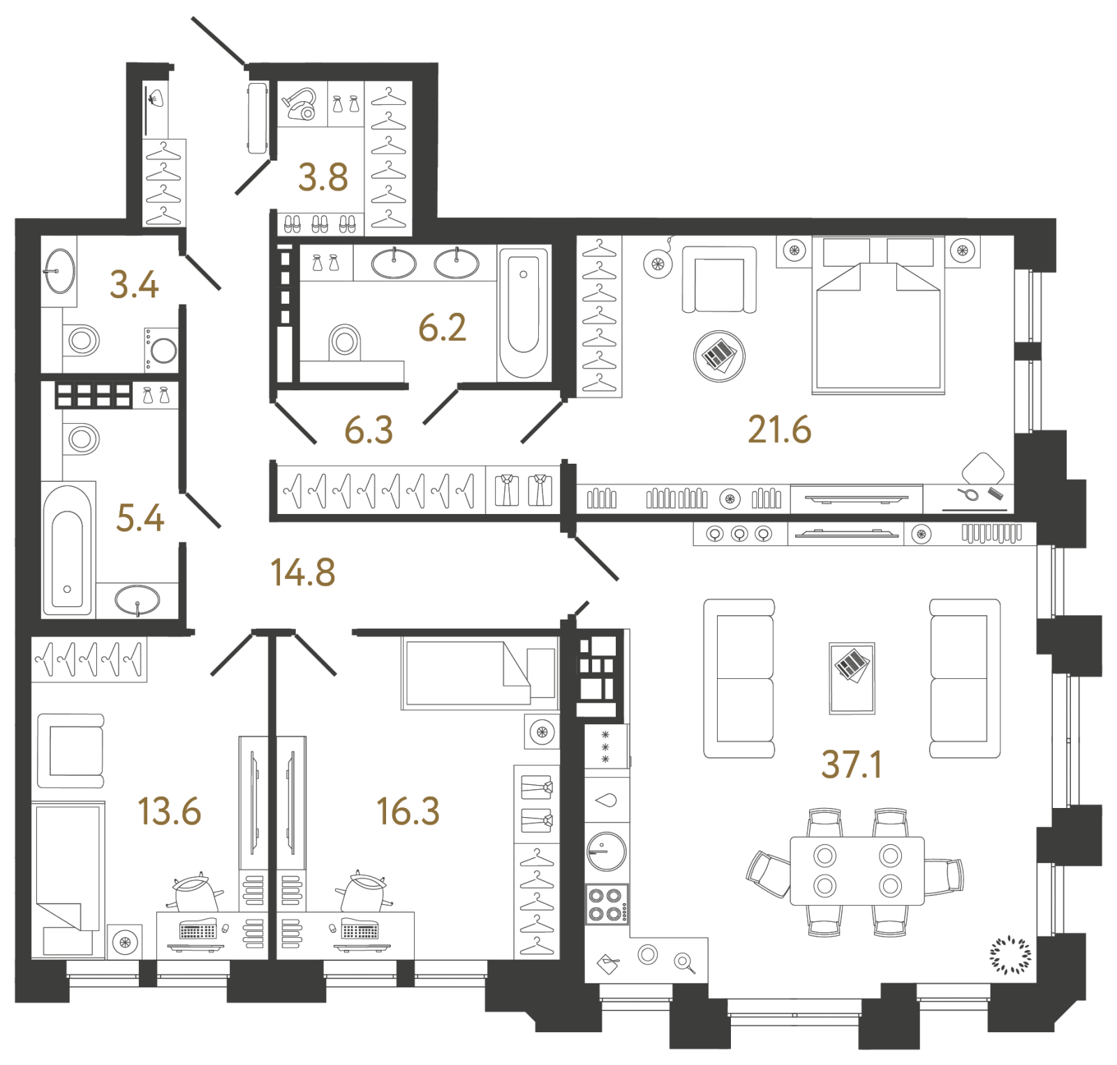 Планировка: 3-комнатная квартира, 128,5 м²
