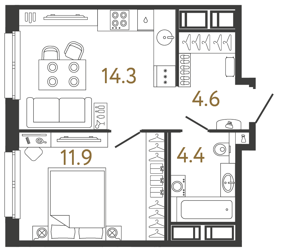 Планировка: 1-комнатная квартира, 35,2 м²