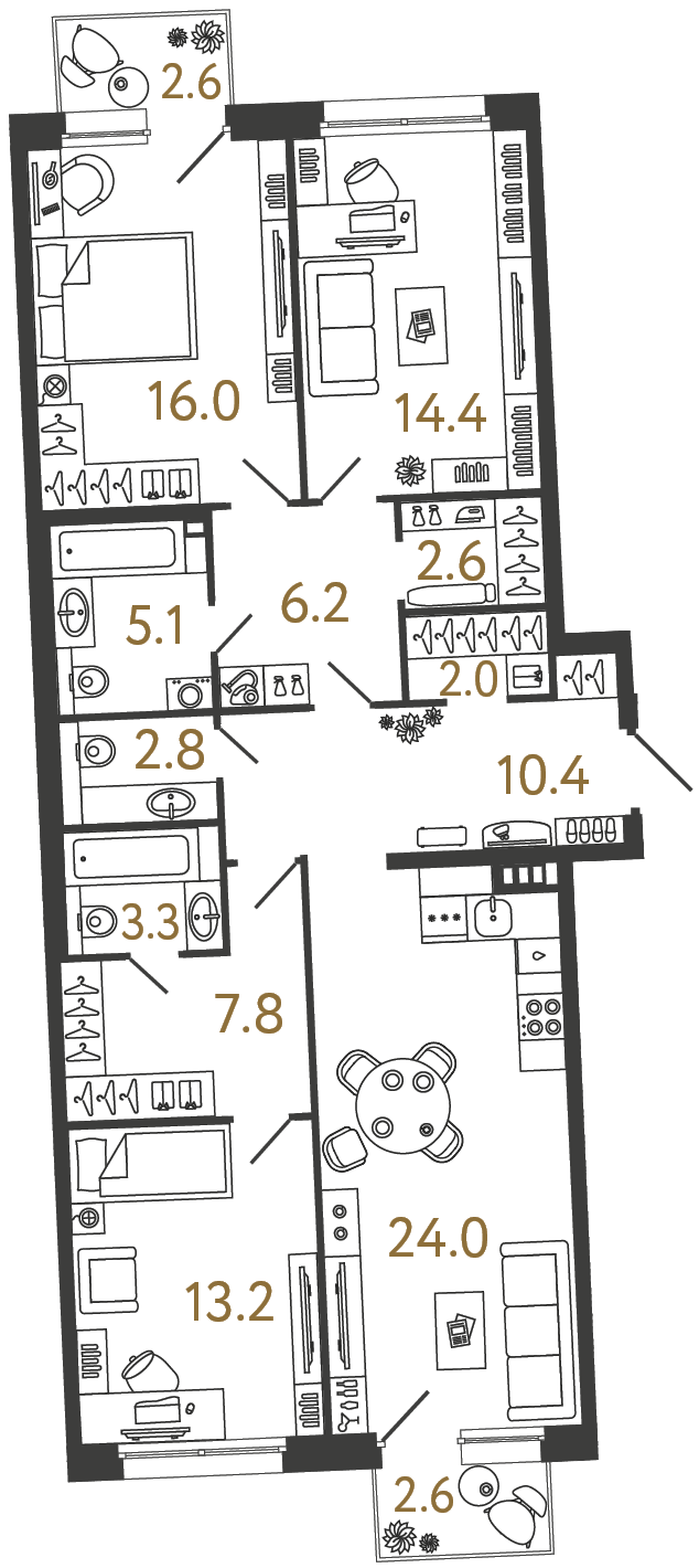 Планировка: 3-комнатная квартира, 107,8 м²