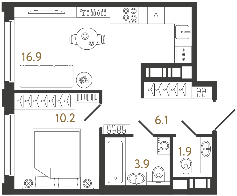 Планировка: 1-комнатная квартира, 39,0 м²