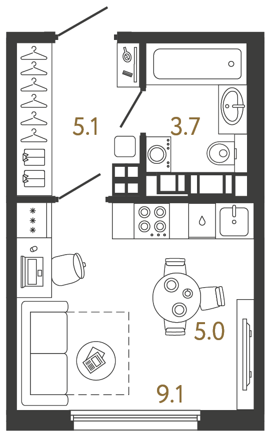 Планировка: студия, 22,9 м²