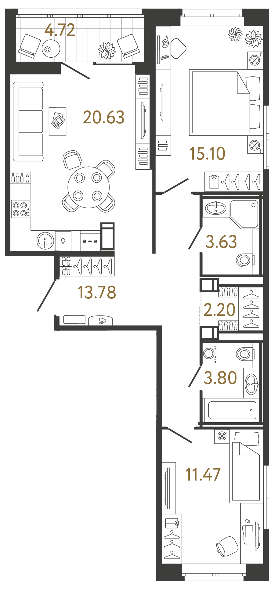 Планировка: 2-комнатная квартира, 70,6 м²