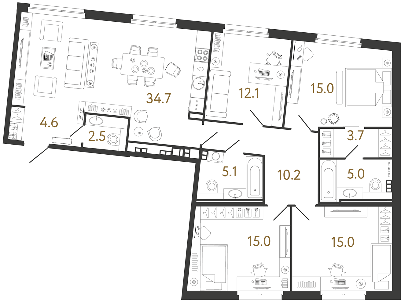 Планировка: 4-комнатная квартира, 122,9 м²