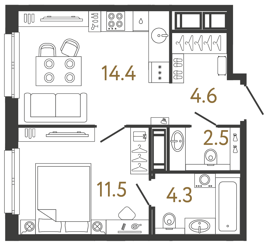 Планировка: 1-комнатная квартира, 37,3 м²