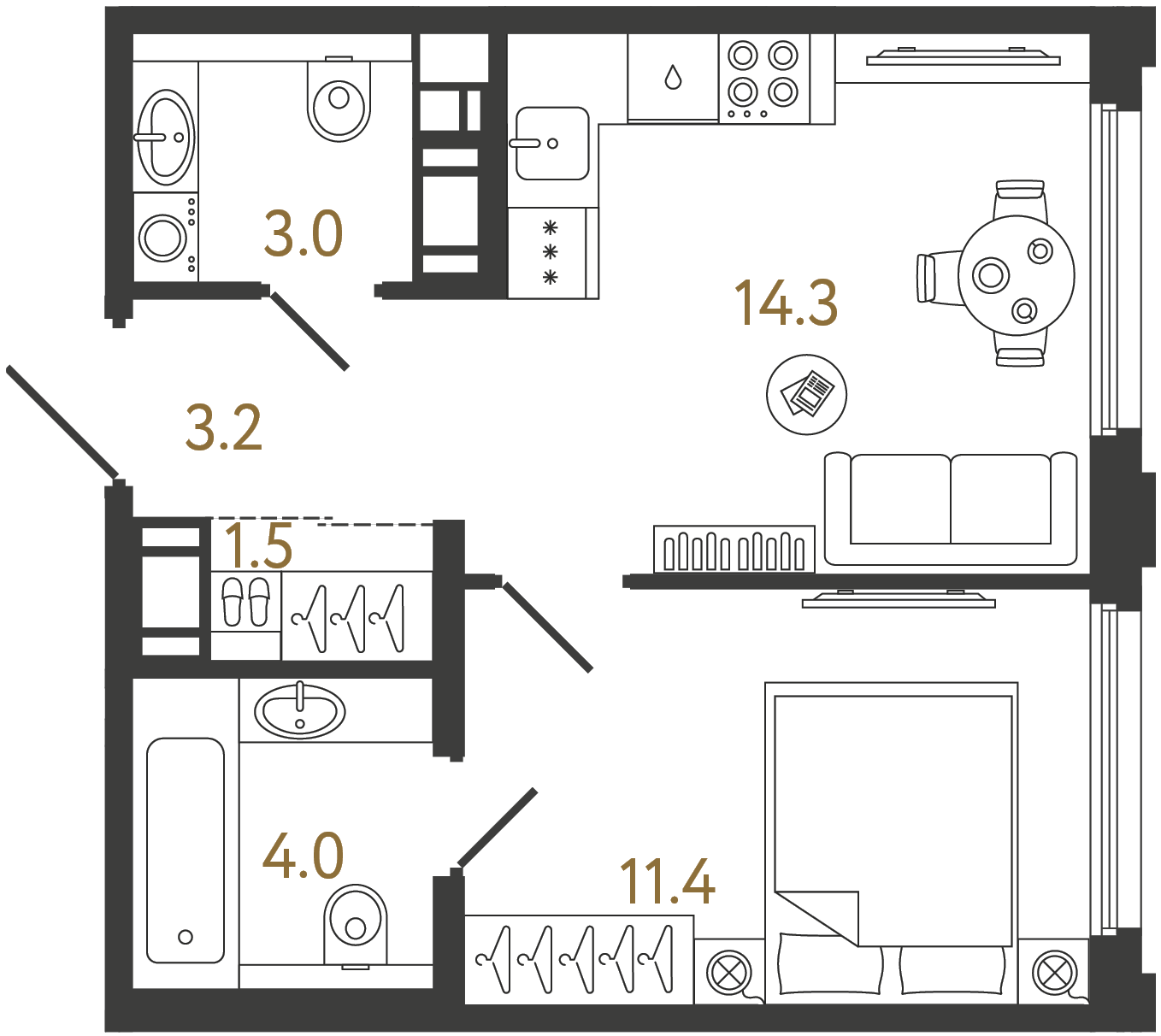 Планировка: 1-комнатная квартира, 37,4 м²