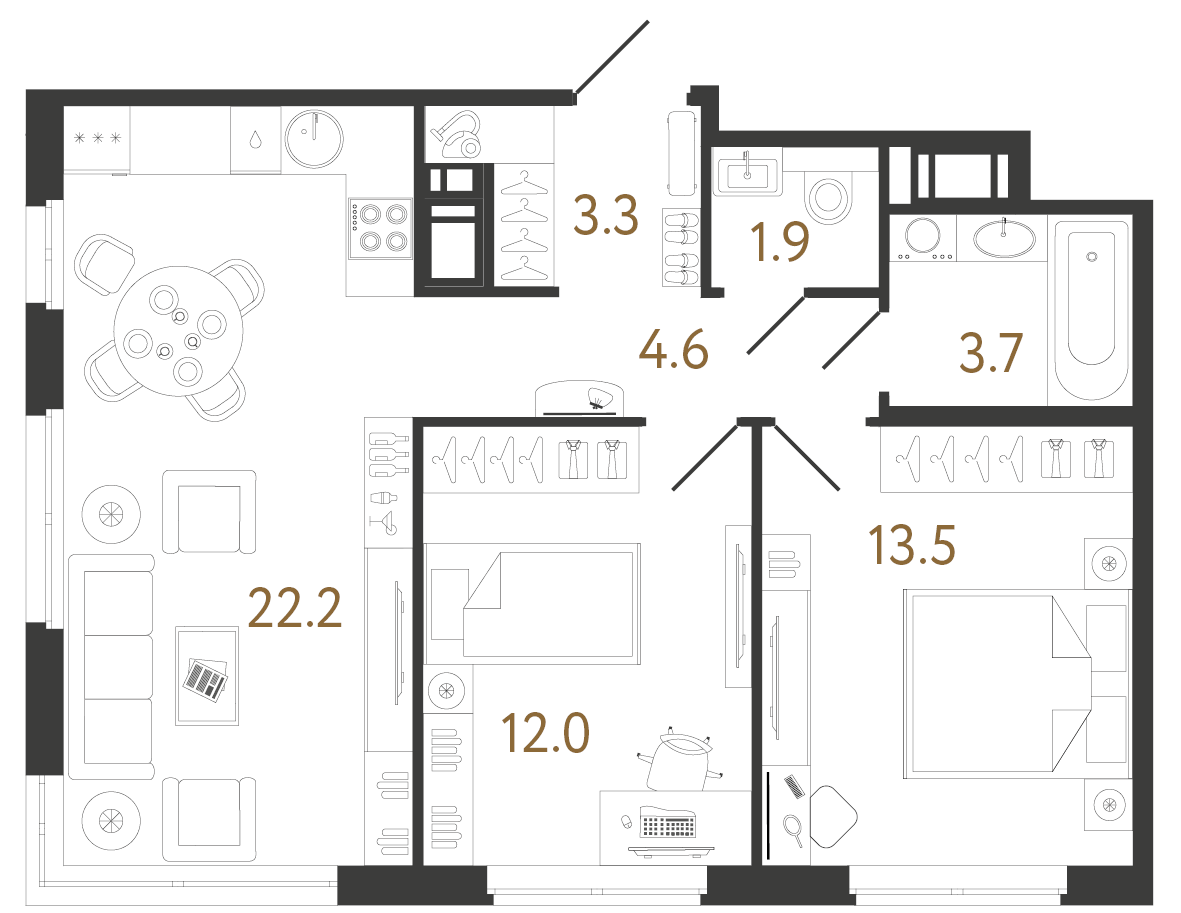 Планировка: 2-комнатная квартира, 61,2 м²