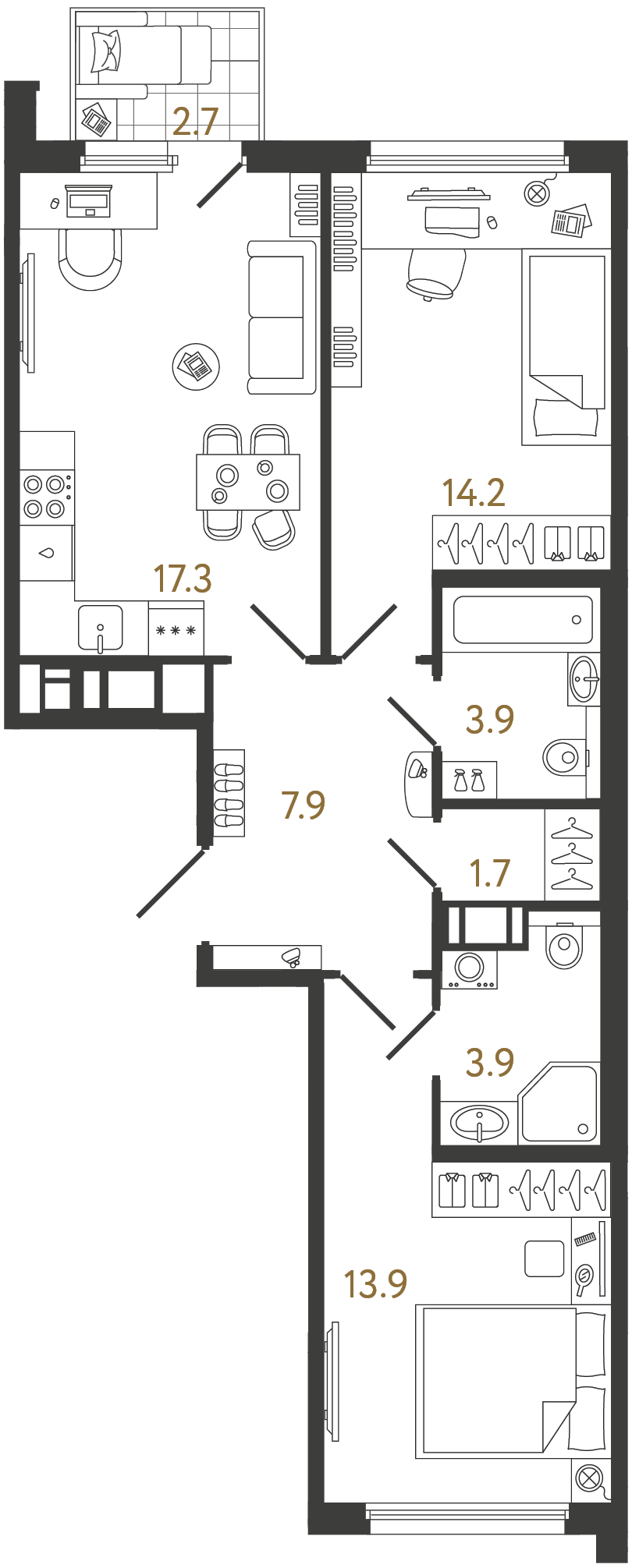 Планировка: 2-комнатная квартира, 62,8 м²