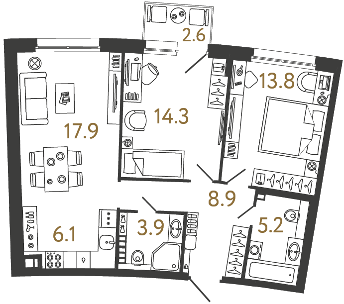 Планировка: 2-комнатная квартира, 70,1 м²