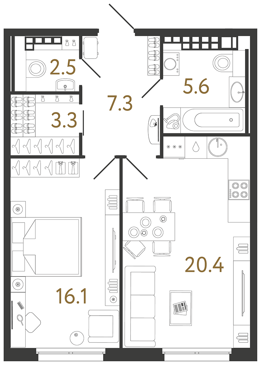 Планировка: 1-комнатная квартира, 55,2 м²