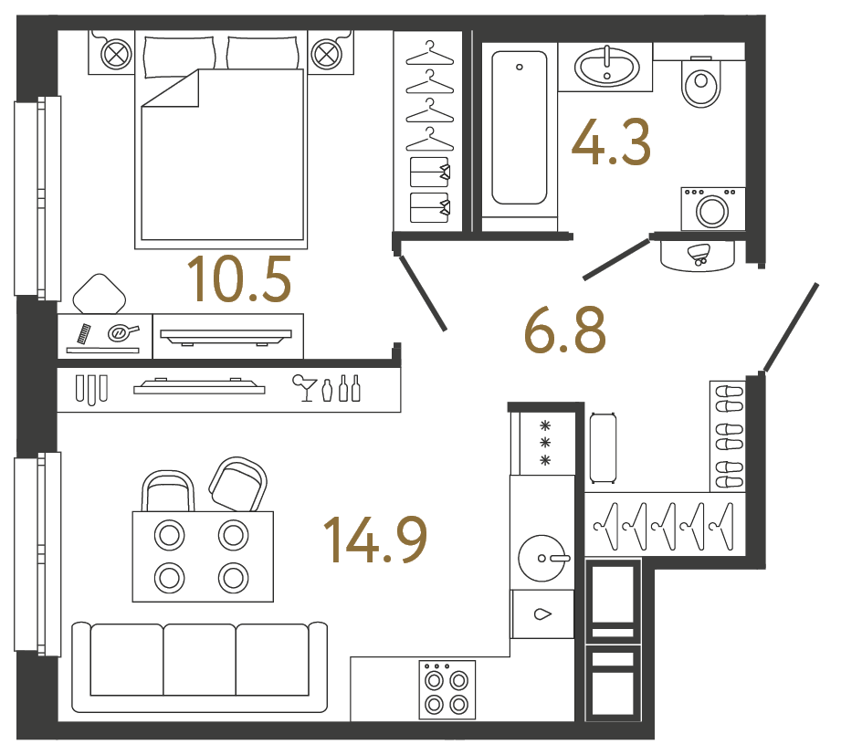 Планировка: 1-комнатная квартира, 36,5 м²
