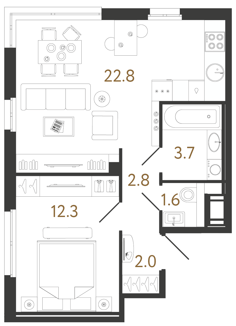 Планировка: 1-комнатная квартира, 45,1 м²