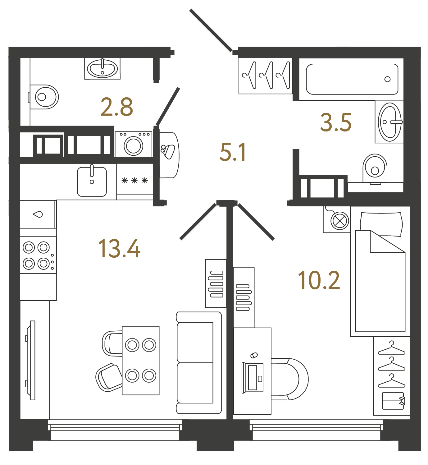 Планировка: 1-комнатная квартира, 35,0 м²