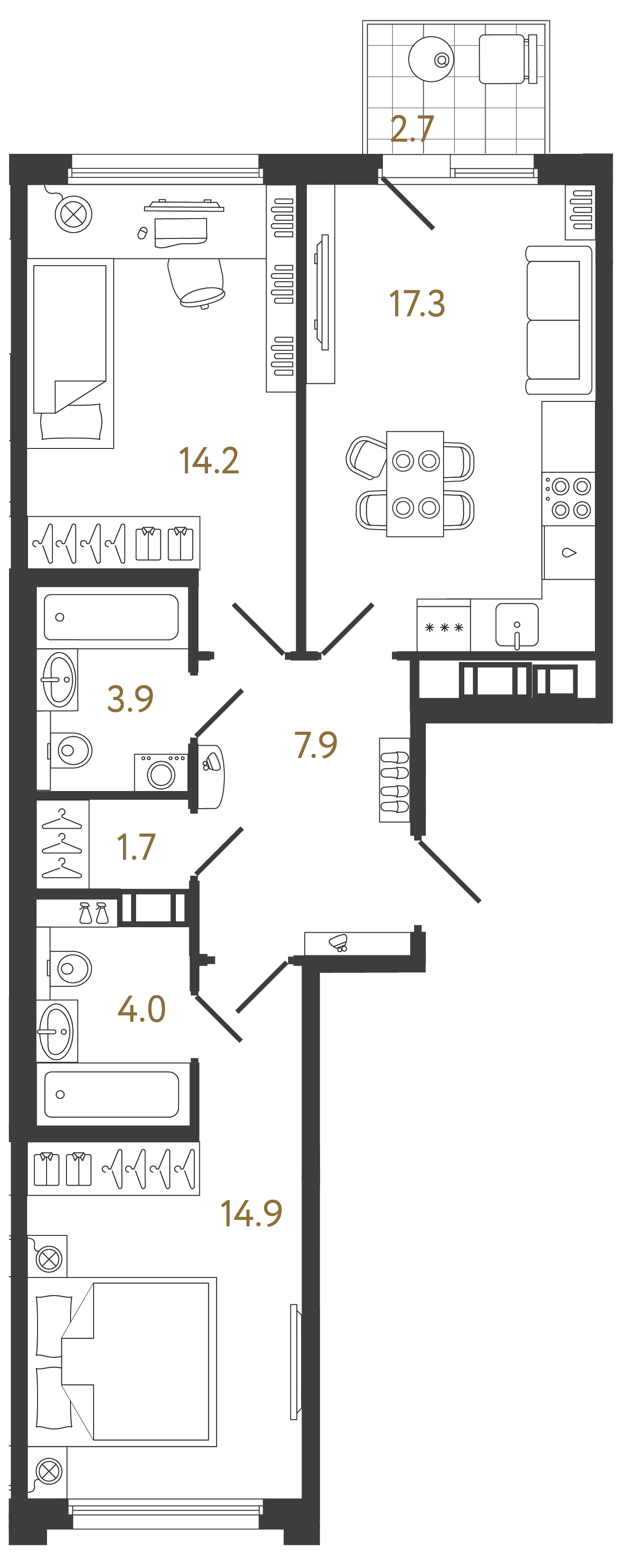 Планировка: 2-комнатная квартира, 63,9 м²