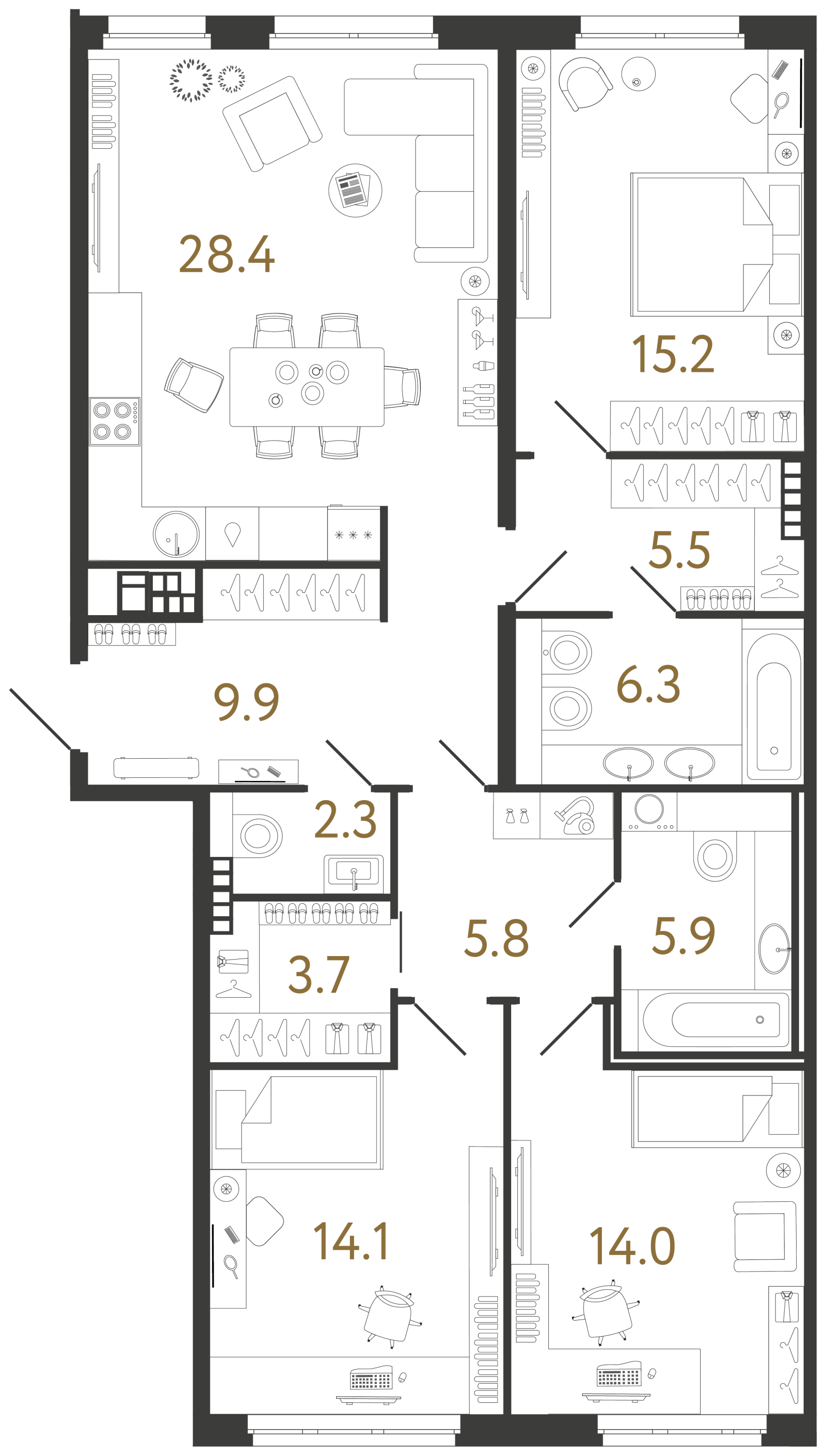 Планировка: 3-комнатная квартира, 111,1 м²