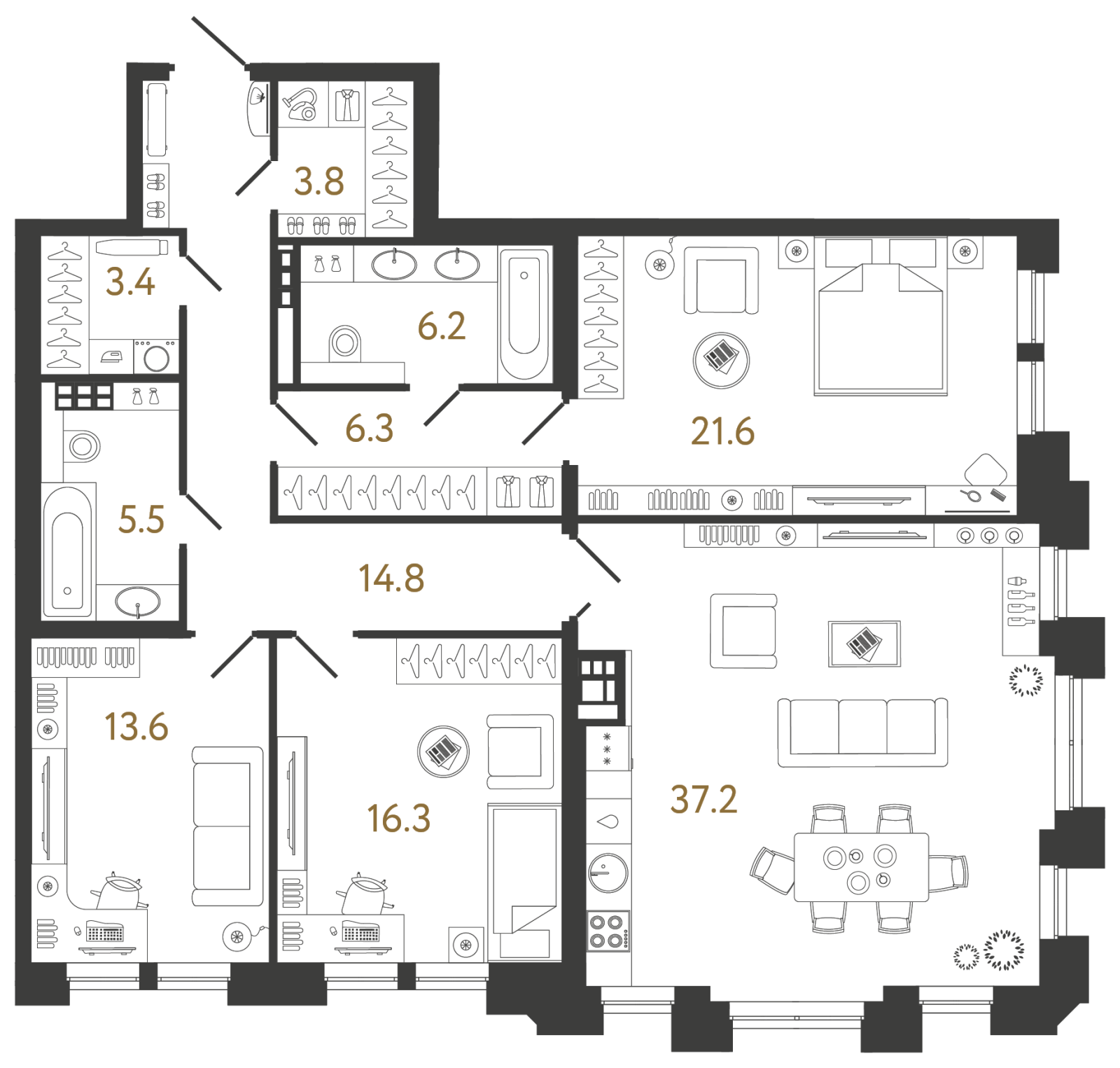 Планировка: 3-комнатная квартира, 128,7 м²