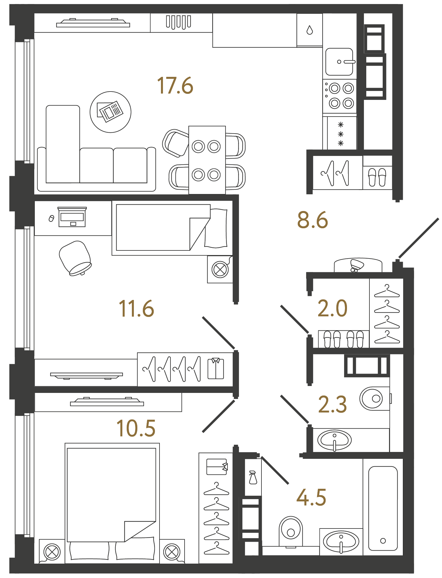 Планировка: 2-комнатная квартира, 57,1 м²
