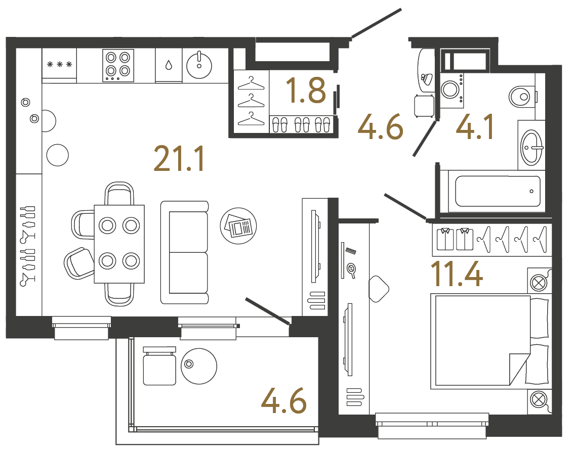Планировка: 1-комнатная квартира, 43,0 м²