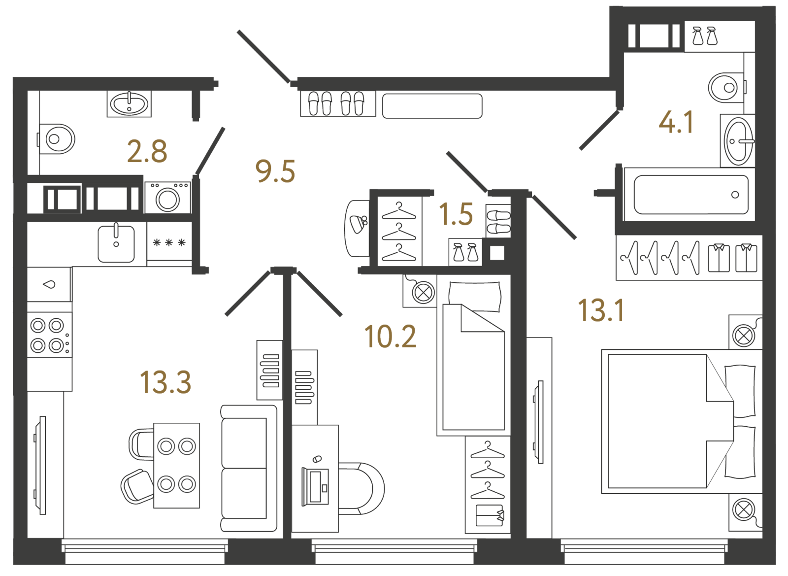 Планировка: 2-комнатная квартира, 54,5 м²