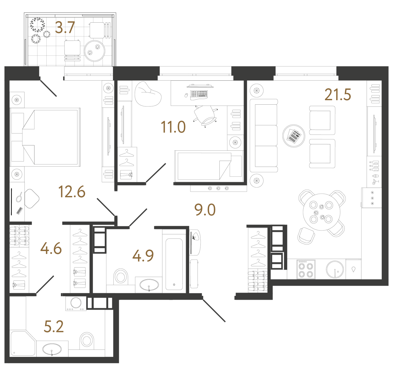 Планировка: 2-комнатная квартира, 68,8 м²