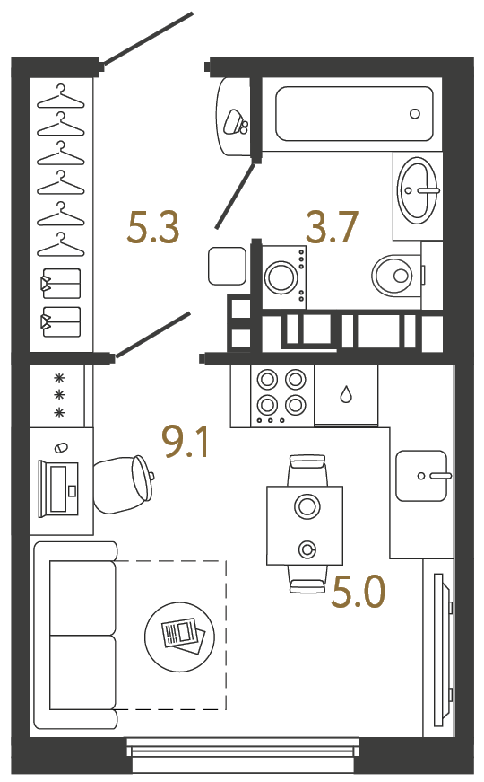 Планировка: студия, 23,1 м²