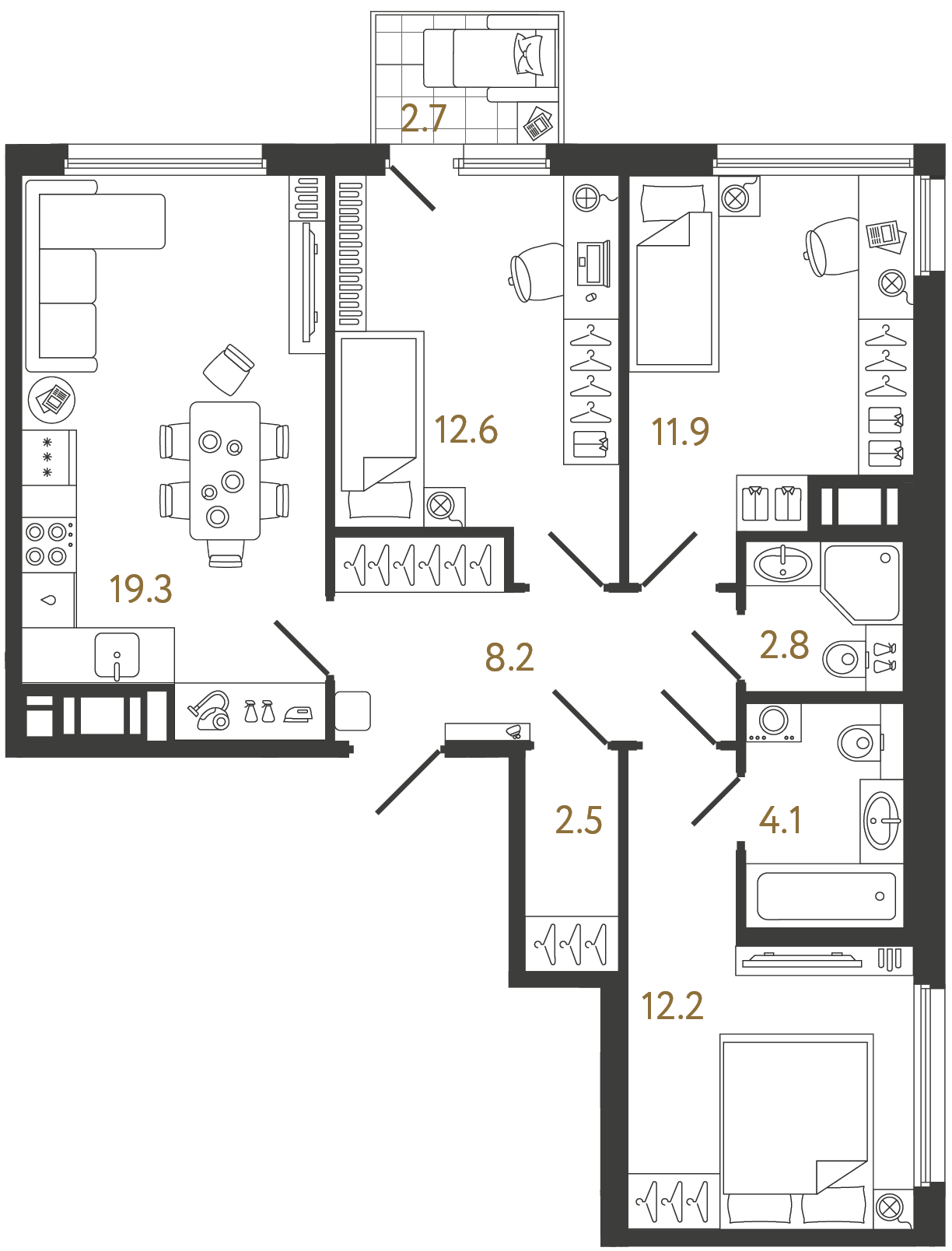 Планировка: 3-комнатная квартира, 73,6 м²
