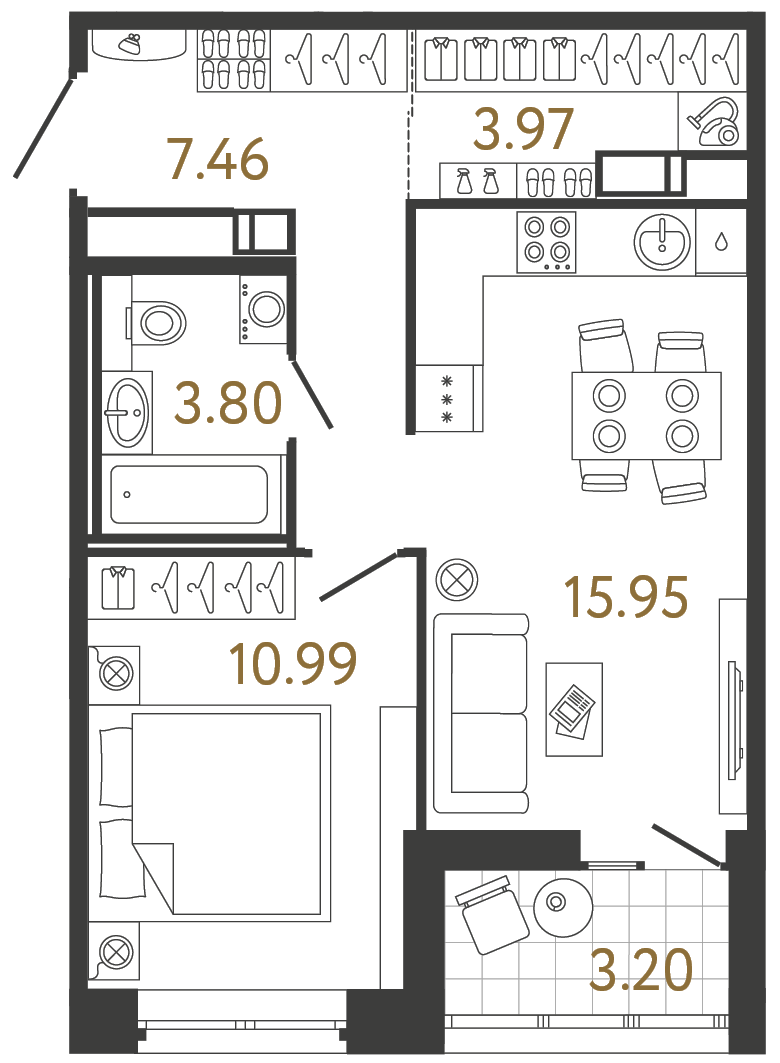 Планировка: 1-комнатная квартира, 42,2 м²