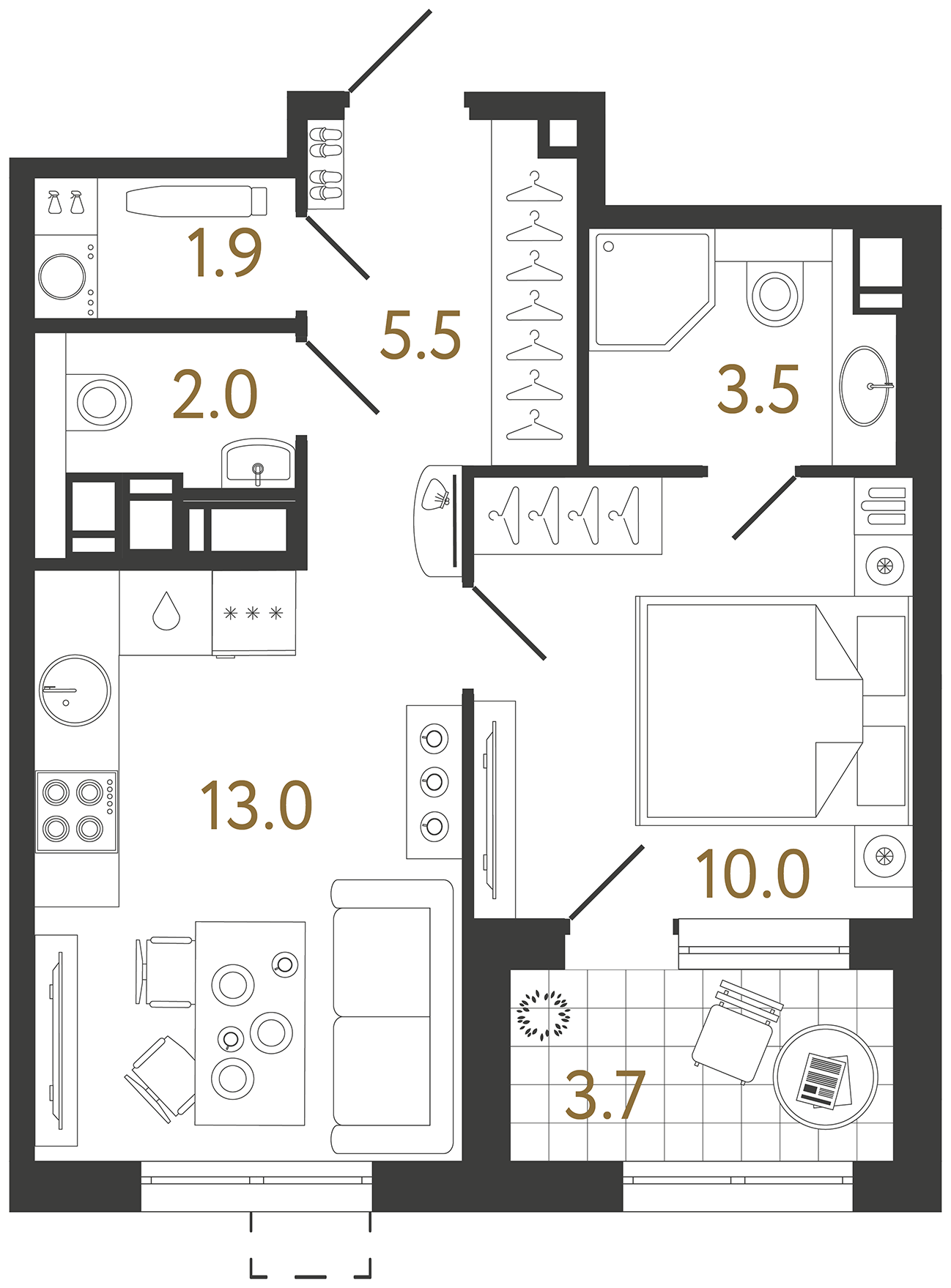 Планировка: 1-комнатная квартира, 35,9 м²
