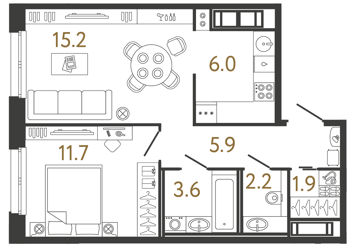 Планировка: 1-комнатная квартира, 46,5 м²