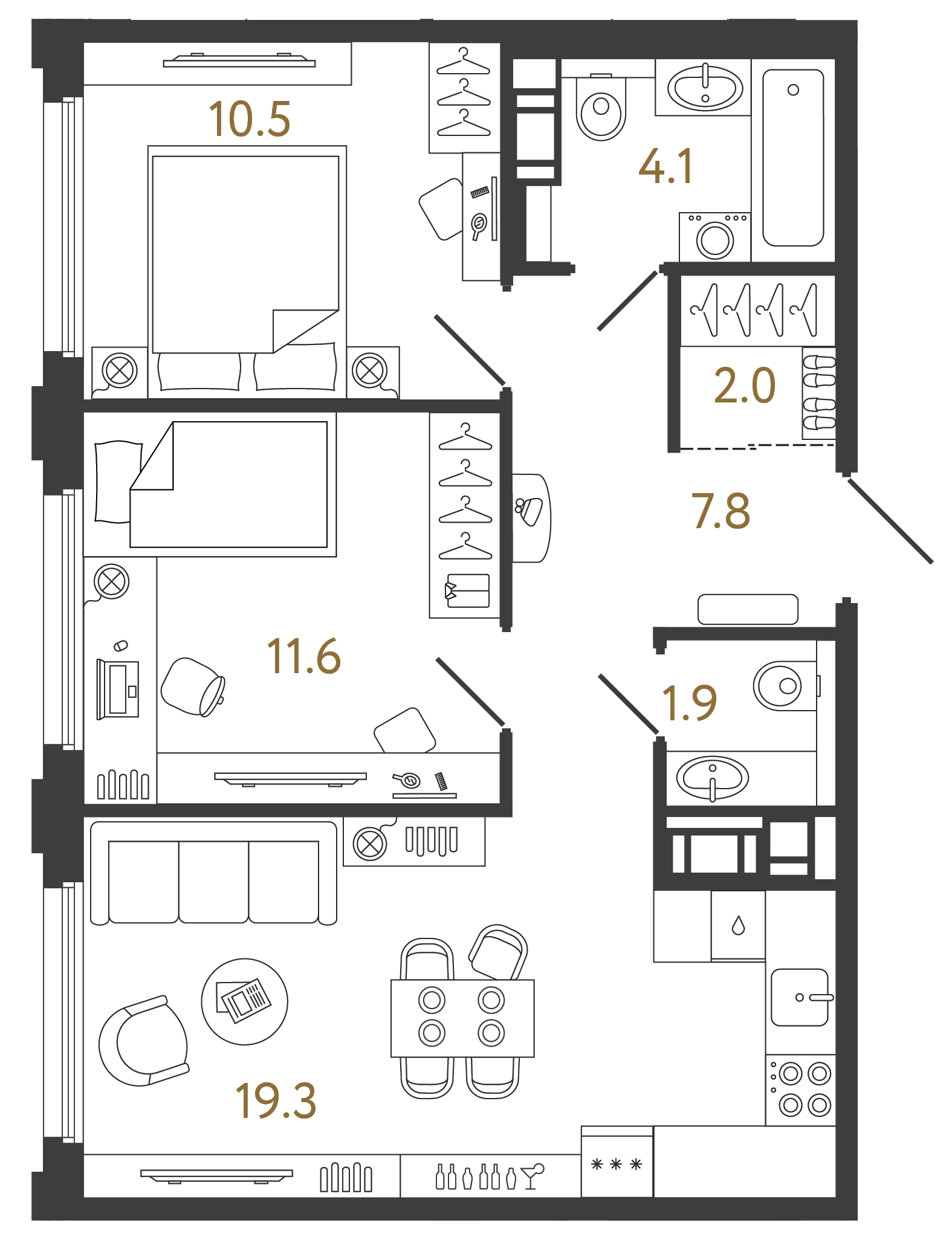 Планировка: 2-комнатная квартира, 57,2 м²