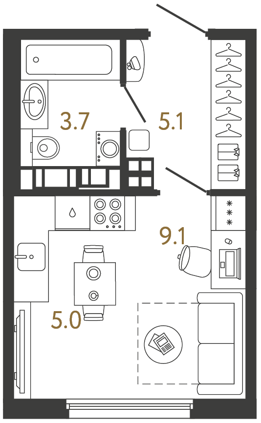 Планировка: студия, 22,9 м²