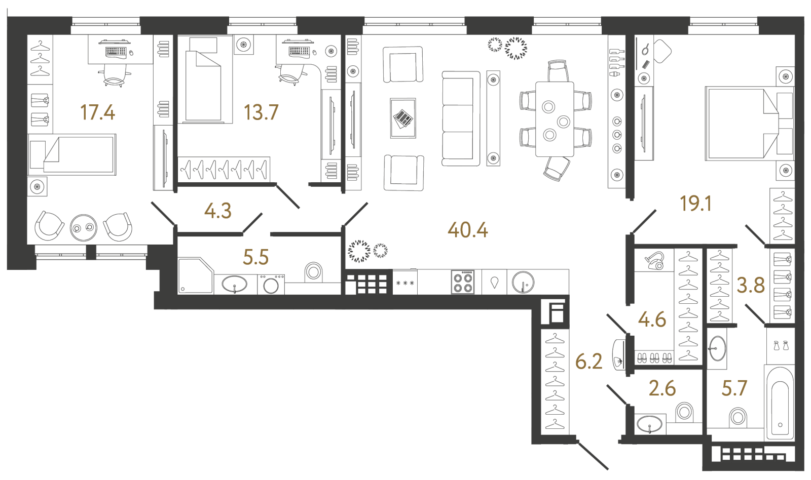 Планировка: 3-комнатная квартира, 123,3 м²